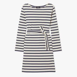 A.P.C. Dark Navy Blue and Cream Striped Shirt Dress with Belt